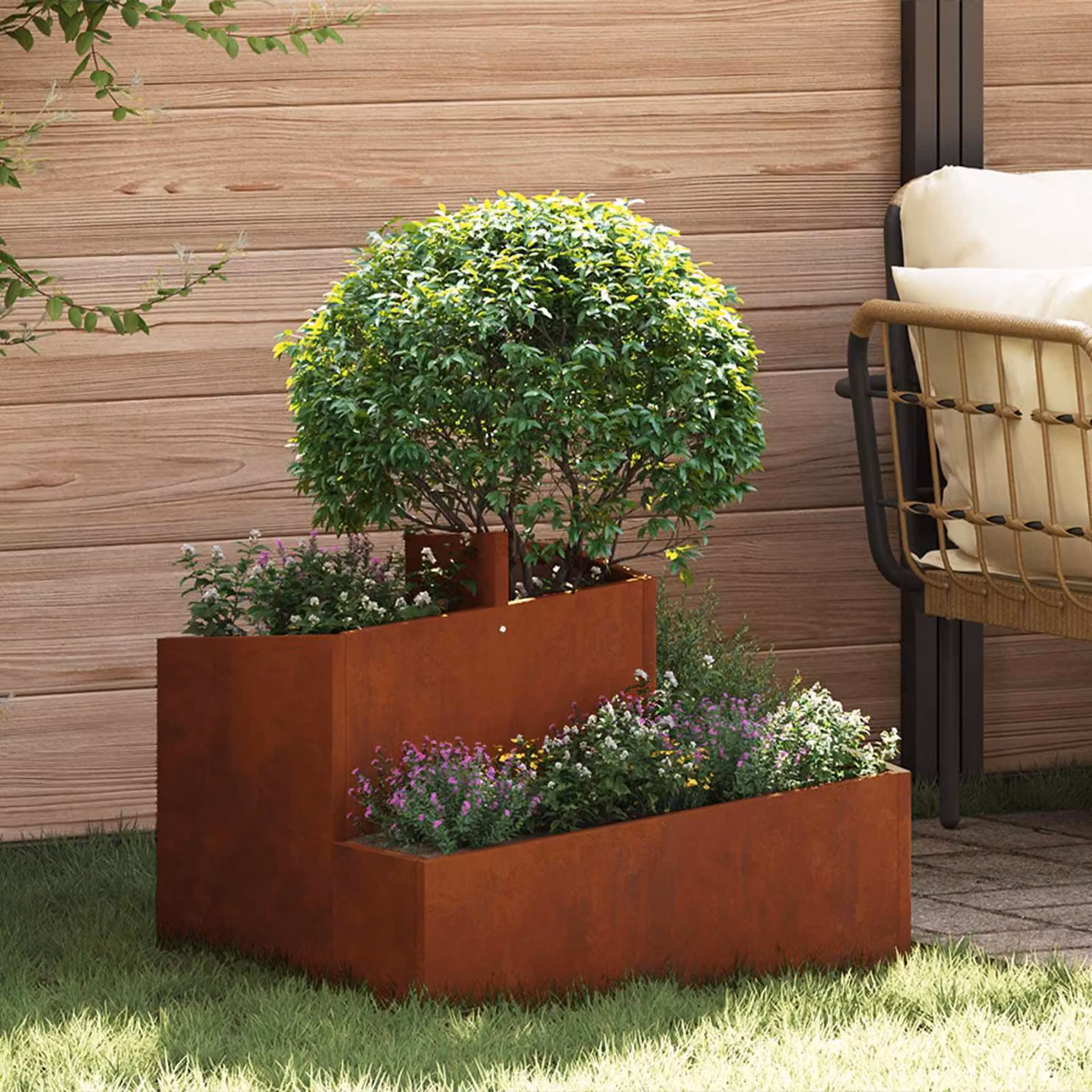 vidaXL Vaso da giardino in acciaio marrone L: 60 cm, P: 60 cm, H: 50 cm