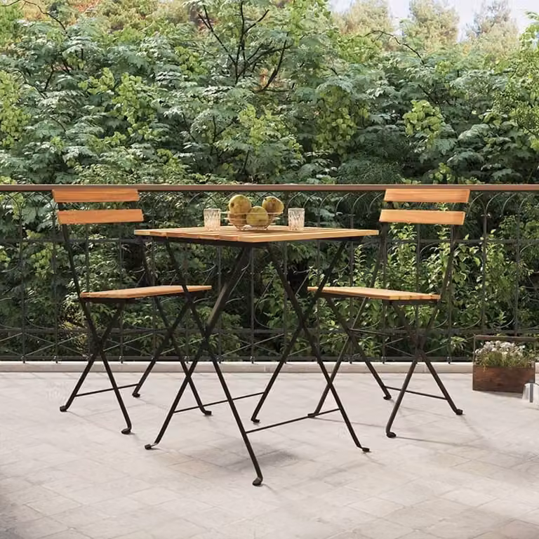 The Living Store Set Bitro 3 pezzi pieghevole in legno massiccio teak e acciaio