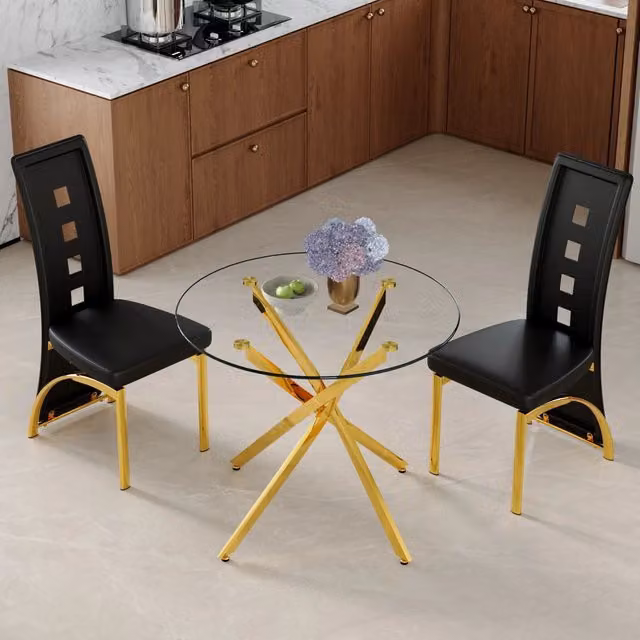 Set tavolo e sedie con tavolo rotondo e 2 sedie imbottite per piccoli spazi in vetro metallo e similpelle PU nero oro trasparente