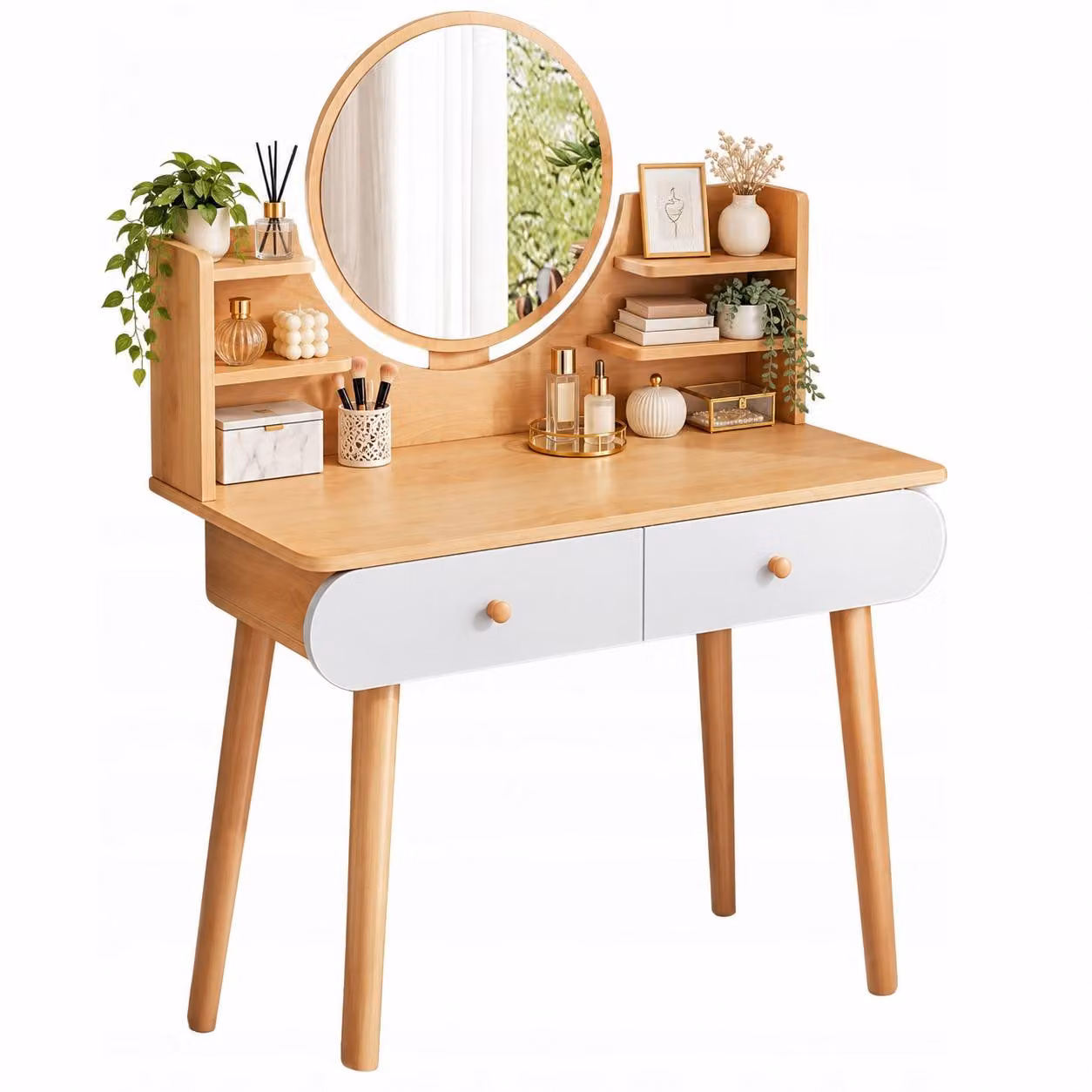 Tavolo da toeletta cosmetico per il trucco con specchio grande in stile scandinavo