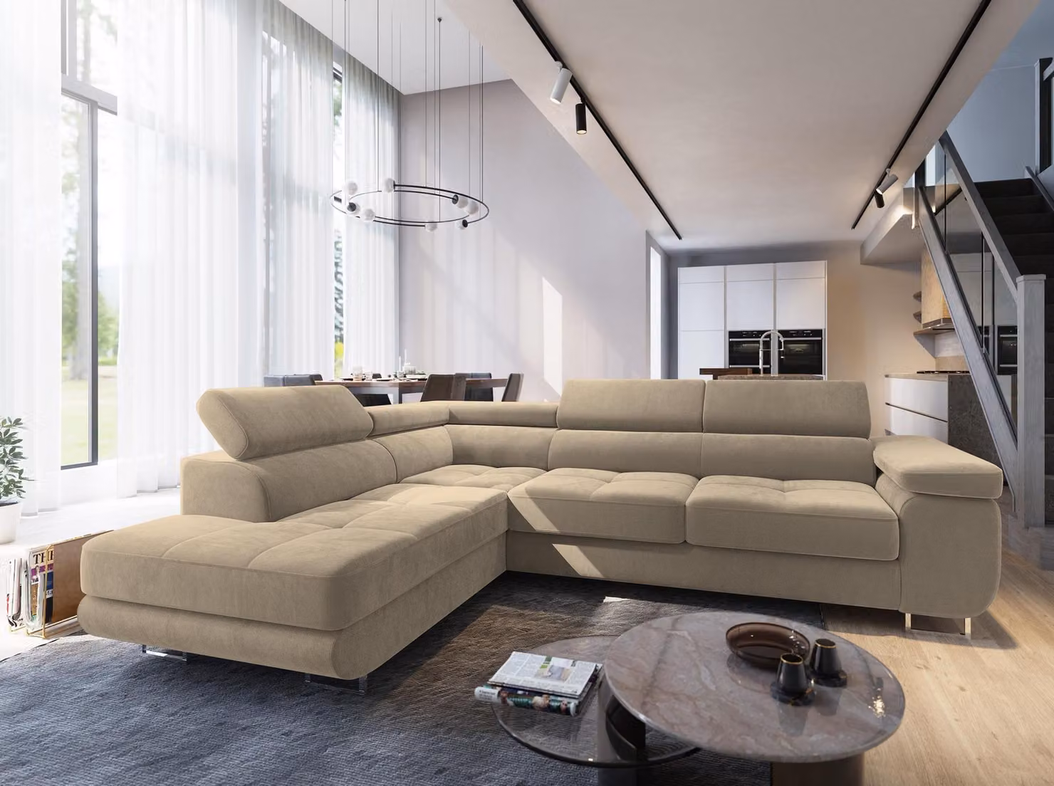 Divano angolare Masseno SELVA L-S con funzione letto a L, divano con box letto, divano da soggiorno, divano, divano letto, set di divani - crema, MONOLITH 04