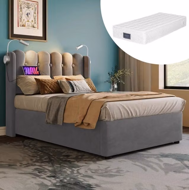 Letto singolo 90x200 cm in velluto grigio con luce da lettura; USB e contenitore