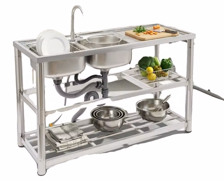Lavello da cucina a due vasche, in acciaio inossidabile, design freestanding, colore argento