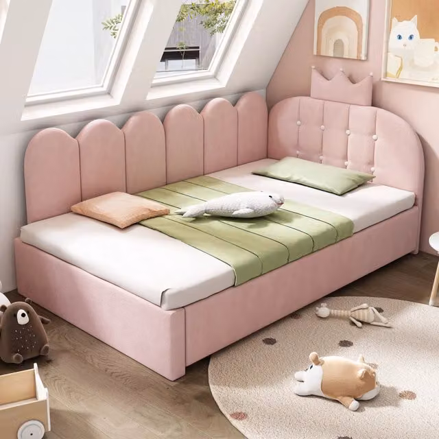 LETTO a scomparsa L-forma 90x200 cm in velluto rosa con letto estraibile