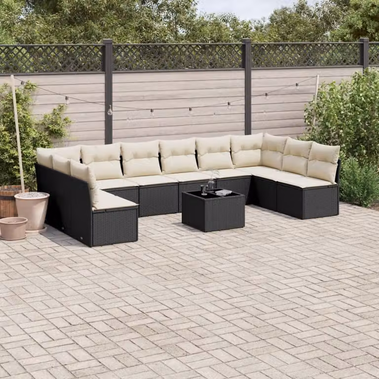 vidaXL Set Divani da Giardino 11 pz in Polyrattan Nero con Cuscini e Tavolino da Esterno a Forma di L