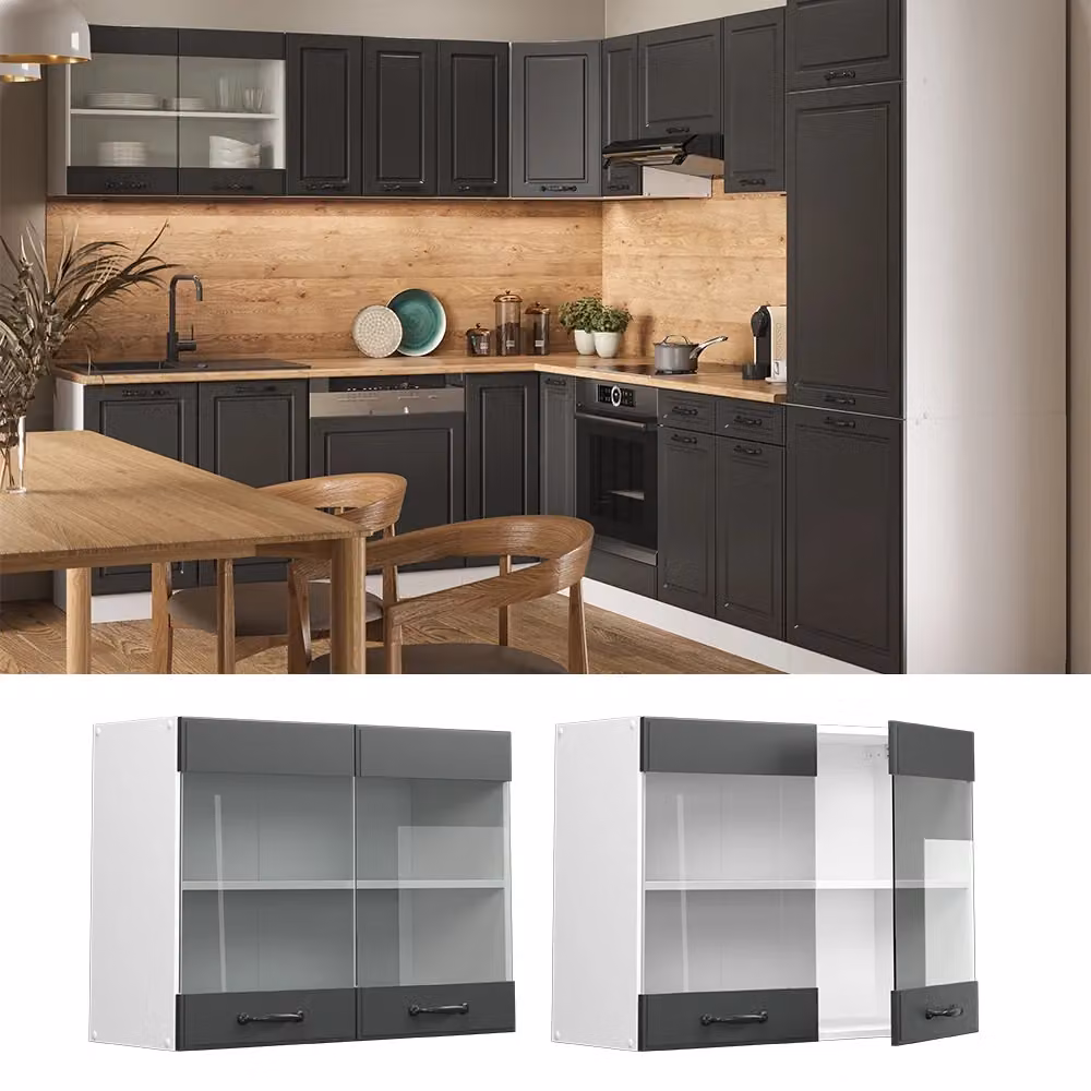 Pensile da cucina Vicco R-Line Antracite e Bianco con ante in vetro e finitura rustica L: 80 cm, P: 31 cm, H: 60 cm – 2