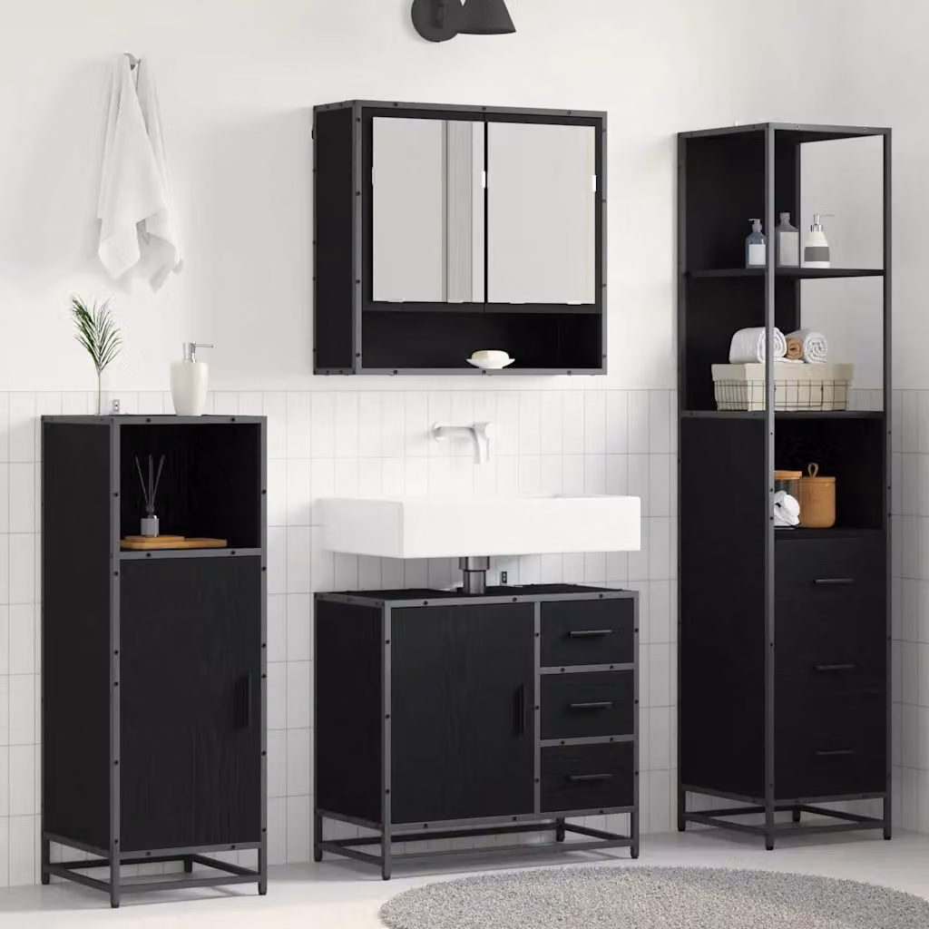 Set di mobili per il bagno vidaXL 3 pezzi in rovere e nero con armadietto a specchio, mobile lavabo e mobile laterale – 1