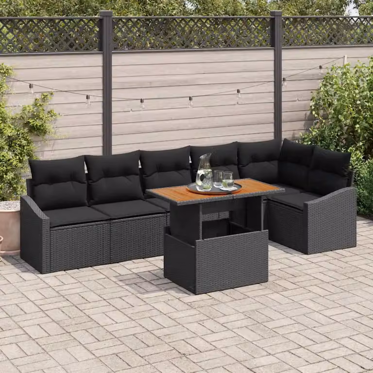 Set da pranzo da giardino moderno vidaXL in rattan e legno di acacia con 7 pezzi nero e marrone