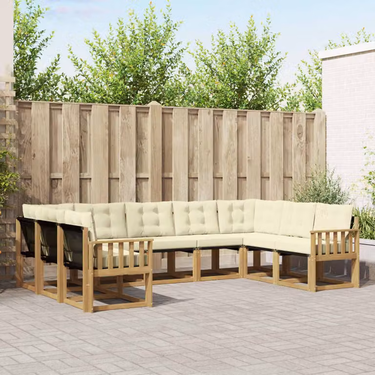 Set di divani da esterno vidaXL a forma di U composto da 9 pezzi in legno di acacia con cuscini bianchi e beige