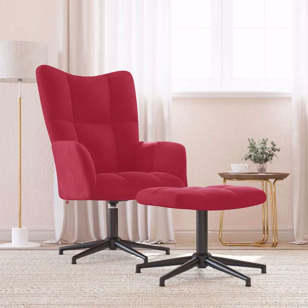 vidaXL Poltrona Relax con Poggiapiedi in Velluto Rosso, Sedia Reclinabile con Struttura in Metallo e Base Girevole a 360 Gradi