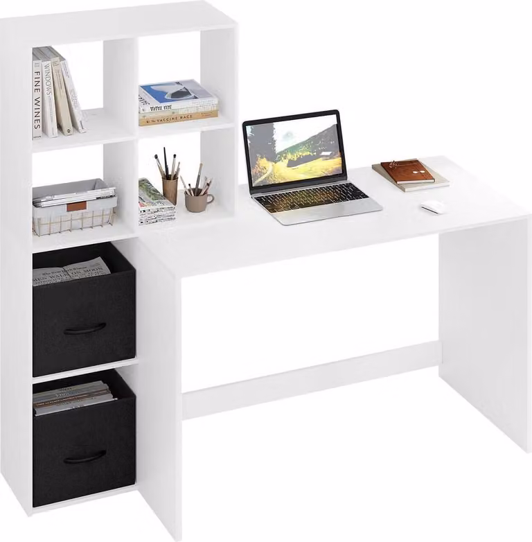 WOLTU Scrivania con ripiano, spazio di archiviazione, in legno, 140,5x134x50 cm, bianco