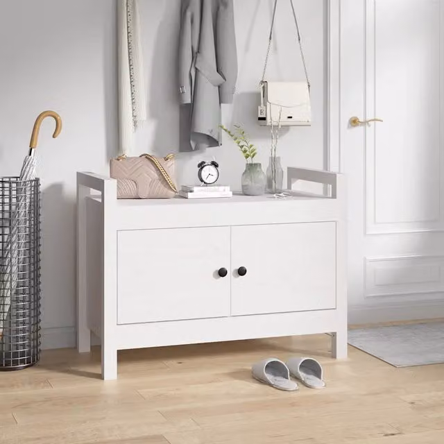 Panca da ingresso e sgabello Design Mania in legno massello di pino bianco con porta scarpe, L 80 cm x P 40 cm x H 60 cm – 1
