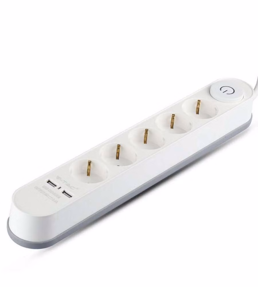 Multipresa con Cavo 3mt 5 Prese 16A con Interruttore Luminoso e 2 USB Colore Bianco