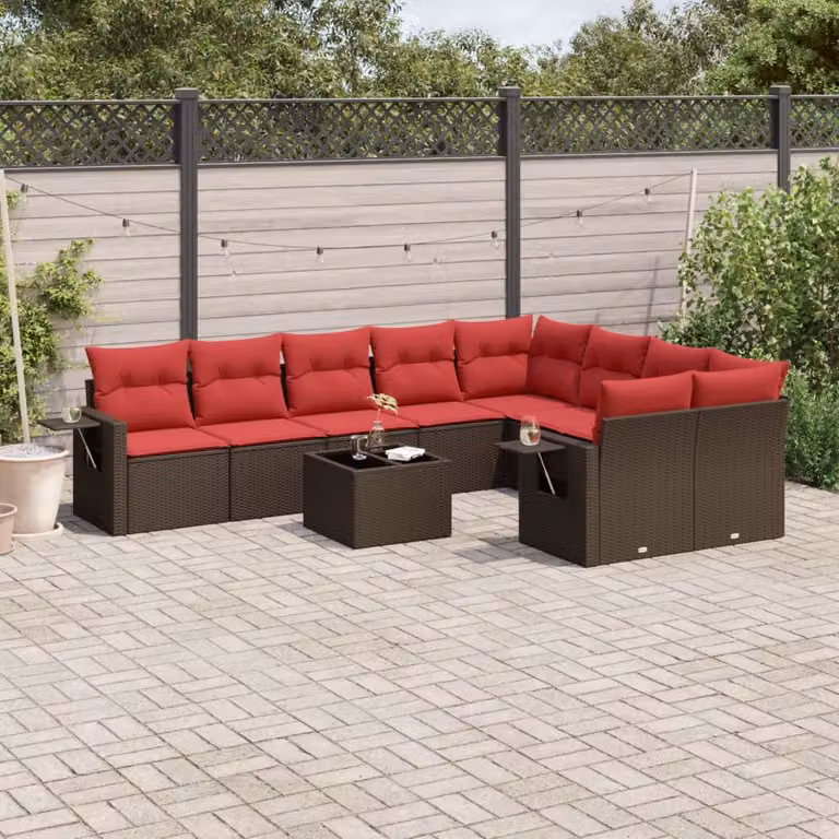 Set di divani da giardino vidaXL in polyrattan marrone con cuscini e tavolino da esterno a forma di U