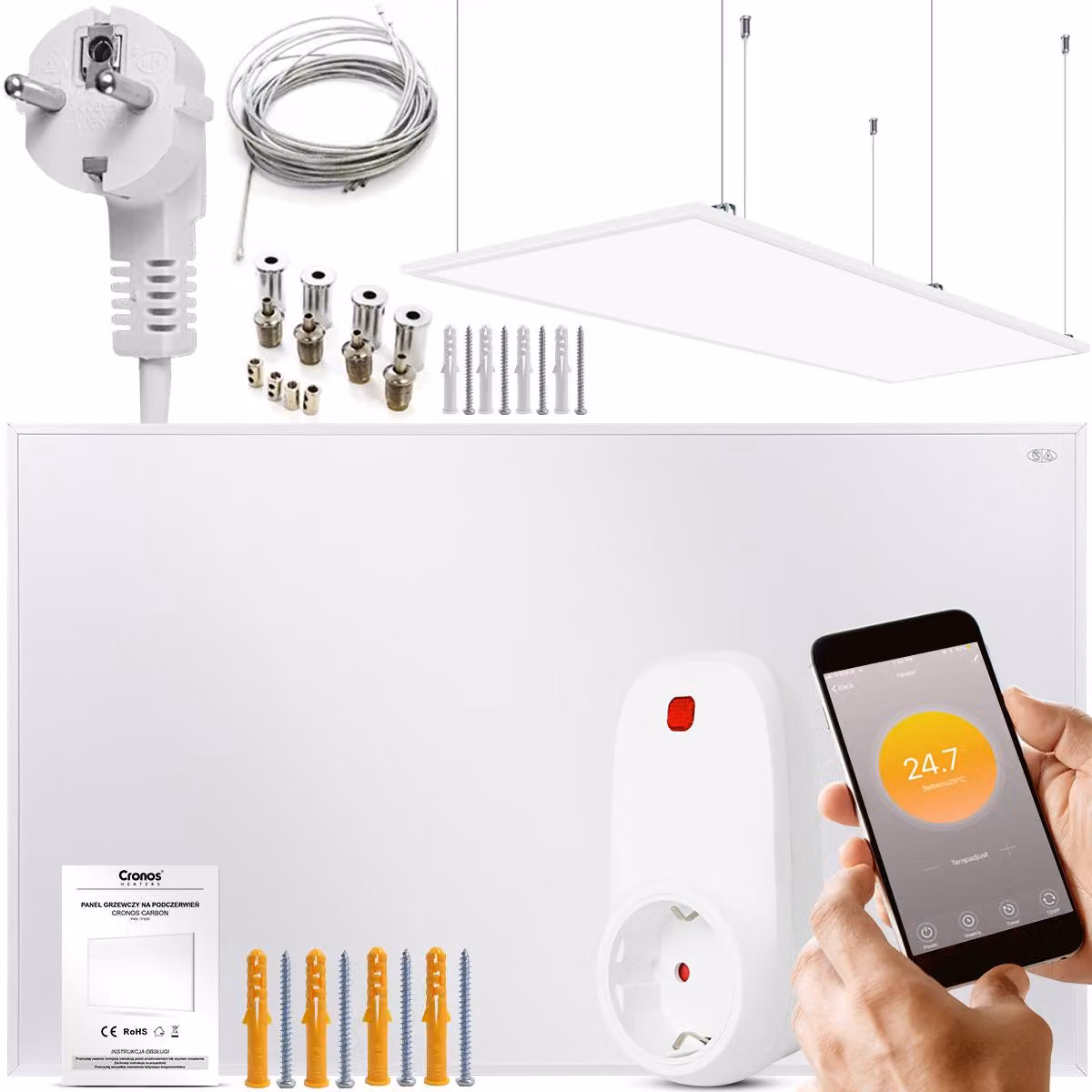 CRONOS Carbon P800: Pannello radiante a infrarossi bianco + termostato Wi-Fi + kit di montaggio a soffitto
