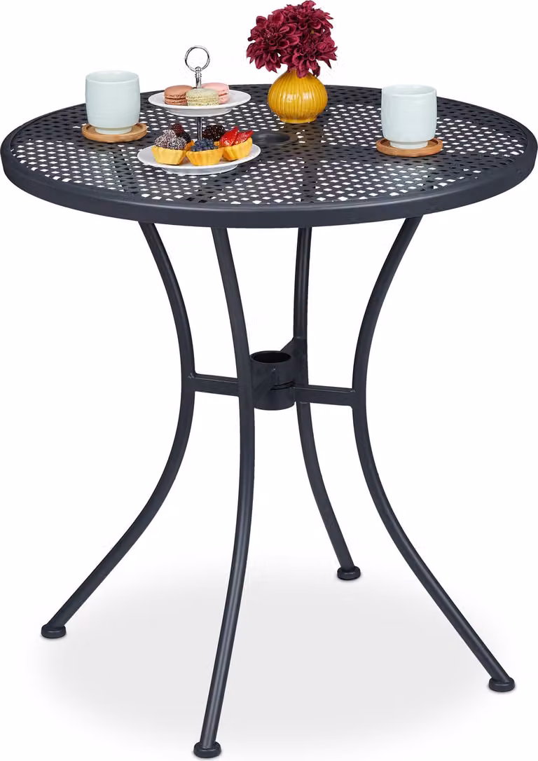 Tavolo da giardino Relaxdays, con foro per ombrellone, effetto a griglia, resistente alle intemperie, acciaio, A x P: 72 x 70 cm, tavolo rotondo da balcone, antracite