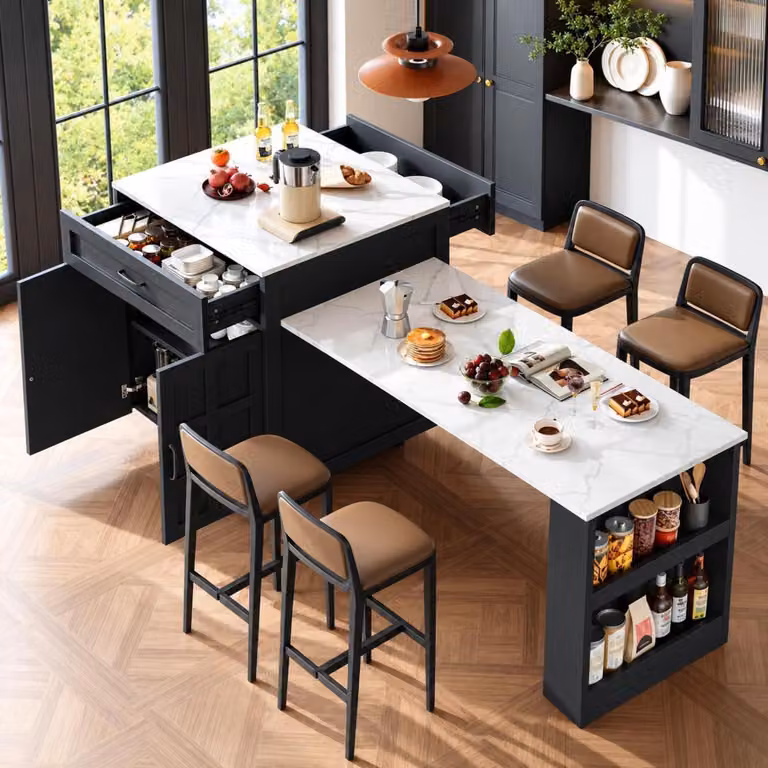 Tavolino da bar estensibile con spazio contenitivo, dimensioni 133-202x70x93,5 cm, aspetto marmo, bianco e nero