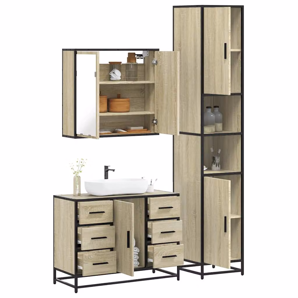 Set di mobili da bagno 3 pezzi vidaXL in stile industriale color rovere con armadietto specchio, mobile lavabo e colonna alta in legno e metallo
