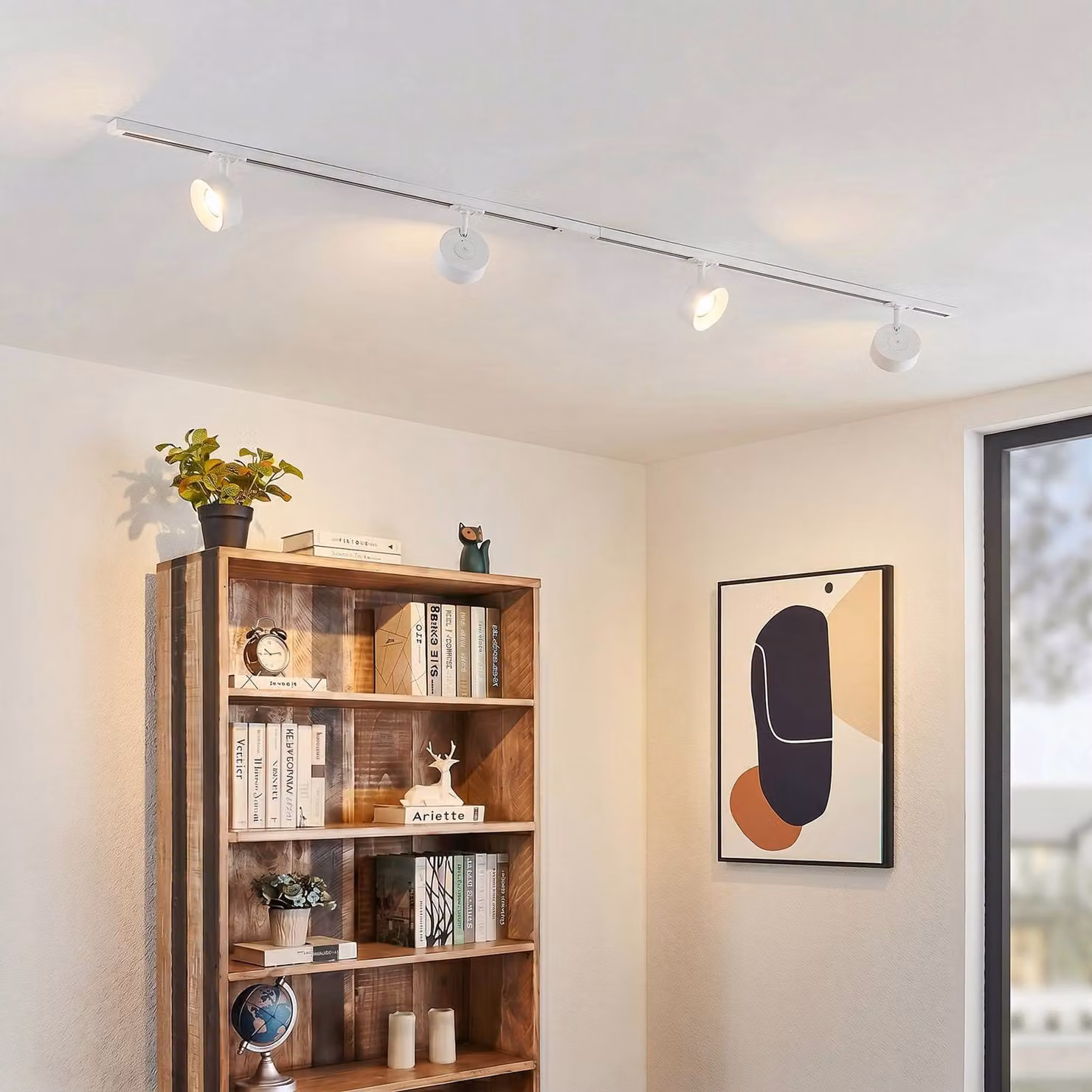 Sistema di binari Lindby Linaro, Ø 9,5 cm, a 4 luci, LED, bianco Linaro, Bianco / Opale, Studio / Ufficio, Alluminio, Moderno
