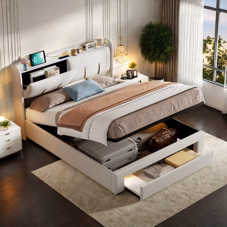 Letto imbottito 140x200cm con 2 USB e 2 prese, letto per ragazzi letto matrimoniale con rete a doghe e contenitore, letto contenitore letto in legno massiccio con LED e rete a doghe, velluto, beige