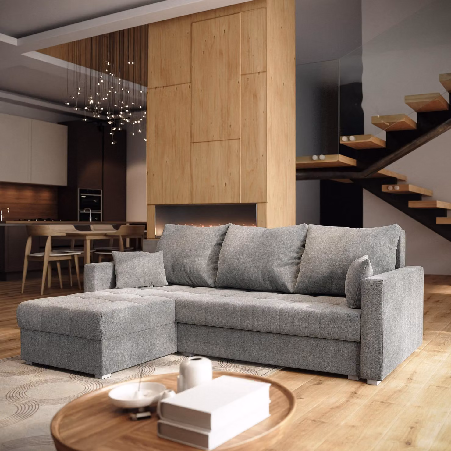 Divano angolare Masseno NIDA con funzione letto a L, divano con contenitore, divano da soggiorno, divano, divano, divano letto, set di divani - grigio chiaro, INARI 91