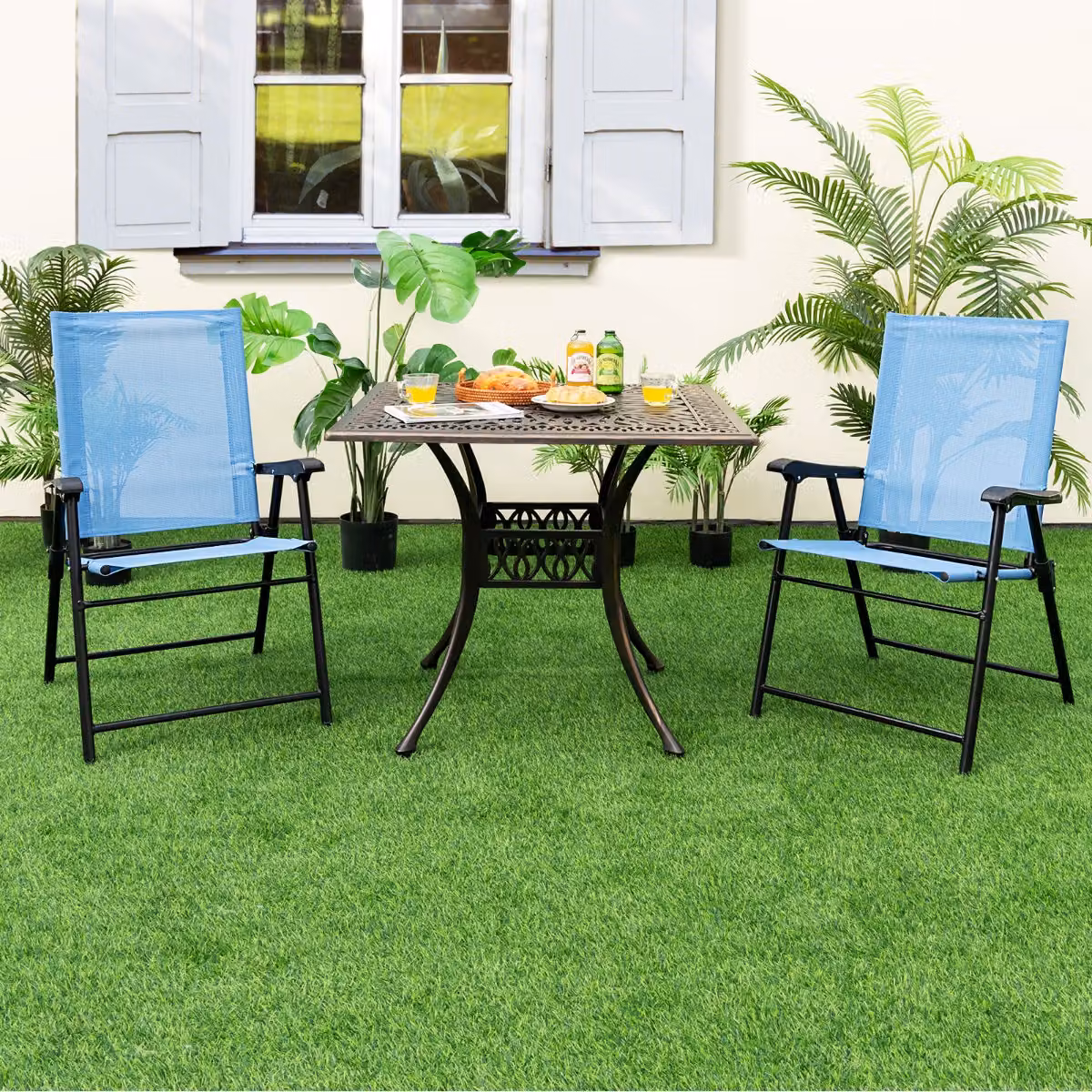 Set di 2 sedie pieghevoli da giardino con braccioli Costway in metallo e tessuto textilene Blu