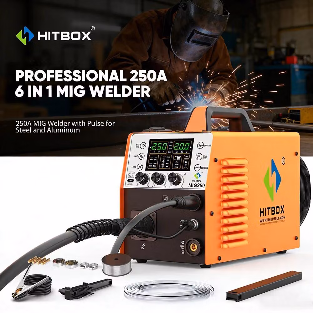 Saldatrice MIG multifunzione - Inverter MIG250 - 6 in 1: MIG/MAG, MMA, Lift, TIG - Con gas/senza gas - 35–180 A - Saldatura dell'alluminio - Spina UE