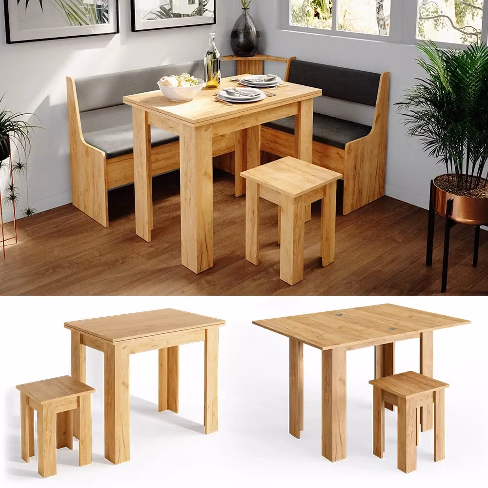 Set da pranzo Vicco con tavolo rettangolare e sedie, colore rovere e oro, L: 90 cm, P: 60 cm, H: 76 cm – 2