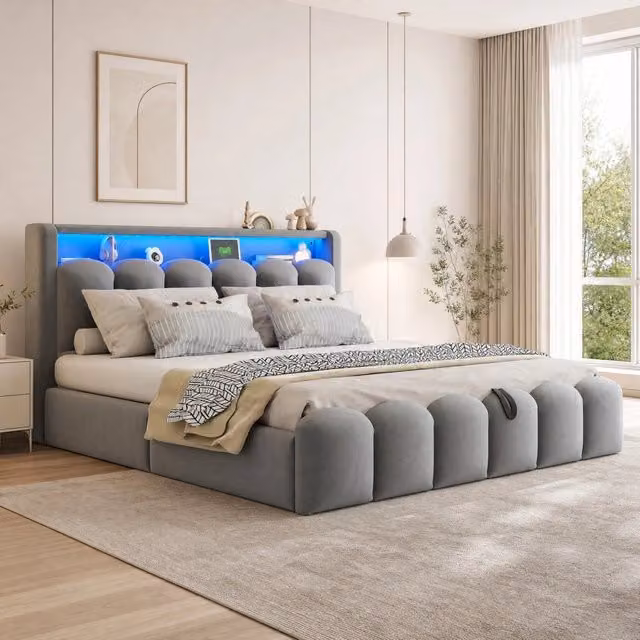 Letto matrimoniale imbottito 180x200 cm in velluto grigio; contenitore; LED; USB e Type-C