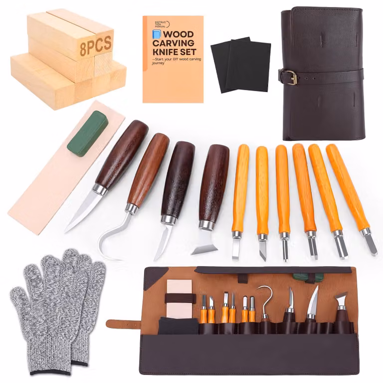 Set di 25 accessori per intaglio del legno, composto da 14 utensili, 8 blocchi di legno di tiglio e una custodia in pelle