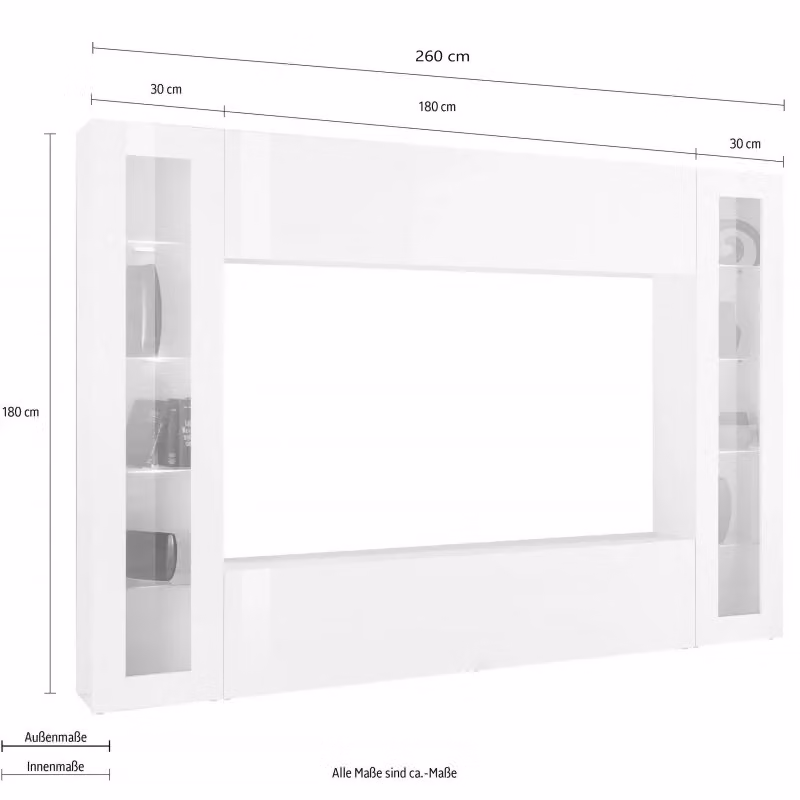 Parete soggiorno Maruska con 2 vetrine e pannello TV Tecnos - Web Furniture, Bianco Lucido, L: 260 cm, H: 180 cm, P: 30 cm – 2