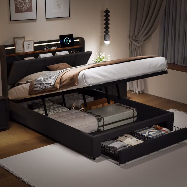 UnboxG Letto imbottito 140x200cm con connessione di ricarica USB, letto per ragazzi letto matrimoniale con 2 cassetti, letto contenitore letto in legno massiccio con LED/tipo C e rete a doghe, lino, grigio scuro