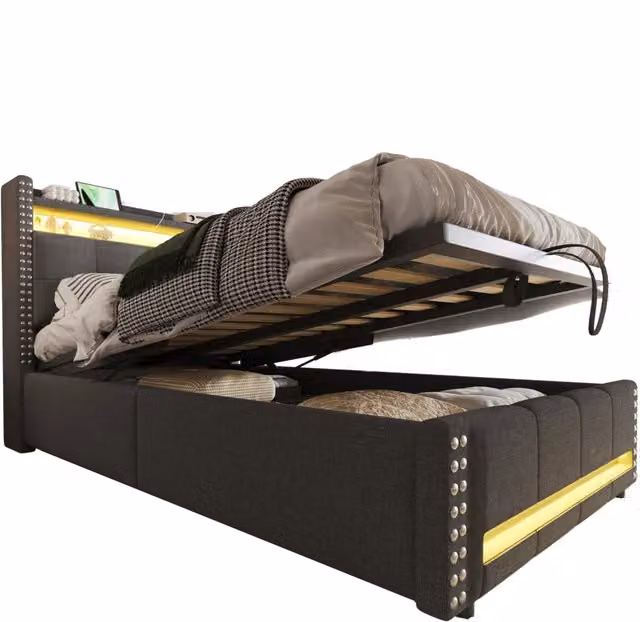 Letto singolo imbottito 90x200 cm con contenitore idraulico; LED e USB in lino grigio