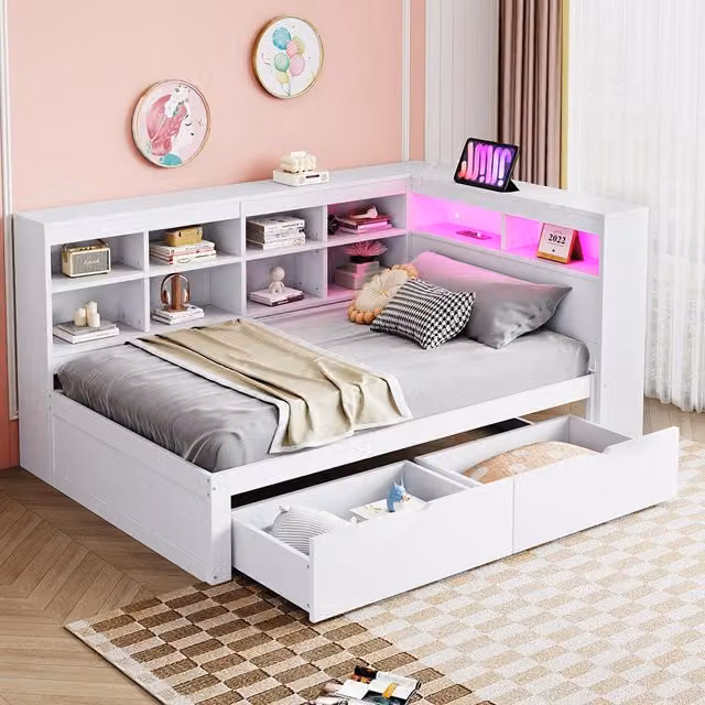 Divano letto massello 90x200cm - Xylo - bianco, porte USB, scomparti