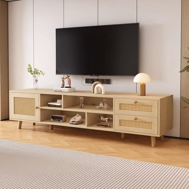 Mobile TV in truciolare con 2 cassetti e anta in rattan gestione cavi rovere 160 × 39 × 40;5 cm