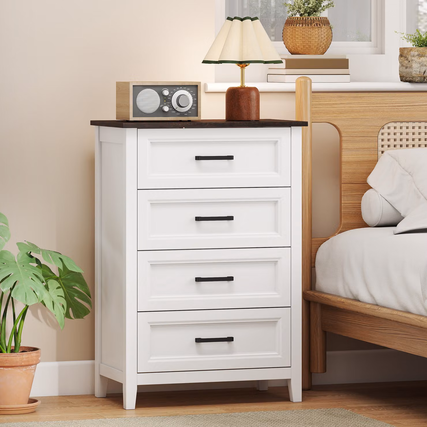 Comò stretto e alto HOMCOM con piano effetto legno, Bianco, L: 60 cm, P: 35 cm, H: 87 cm – 2