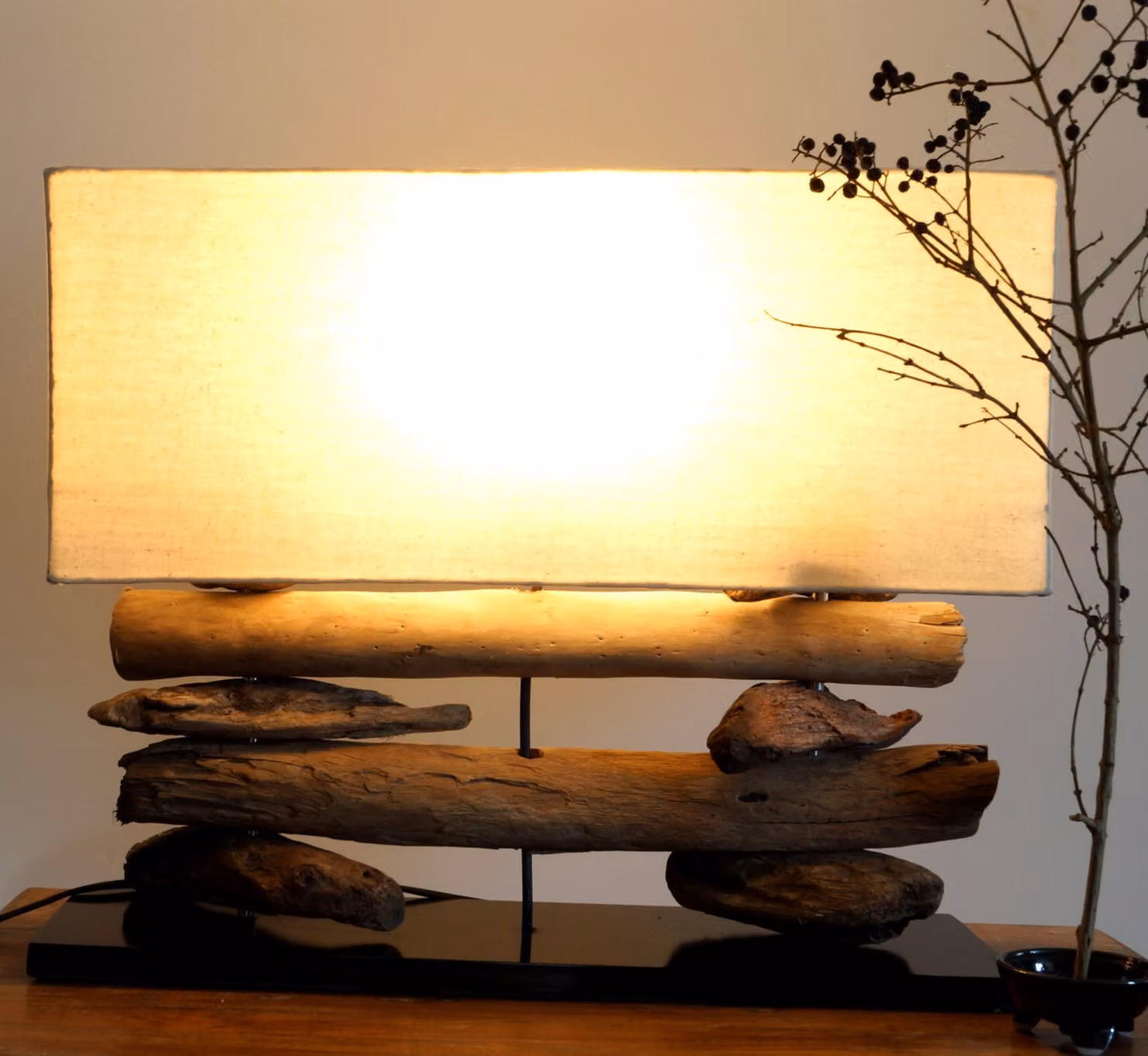 Lampada da tavolo / lampada da tavolo, fatta a mano a Bali, legno di deriva, cotone, unica - modello Malacoota, bianco, tessuto di cotone, legno di deriva, 43*50*17 cm, lampade da tavolo realizzate con materiali naturali