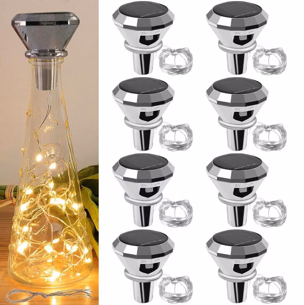 Catena luminosa solare a forma di bottiglia, confezione da 8 pezzi, lunghezza 2 metri, 20 LED bianco caldo