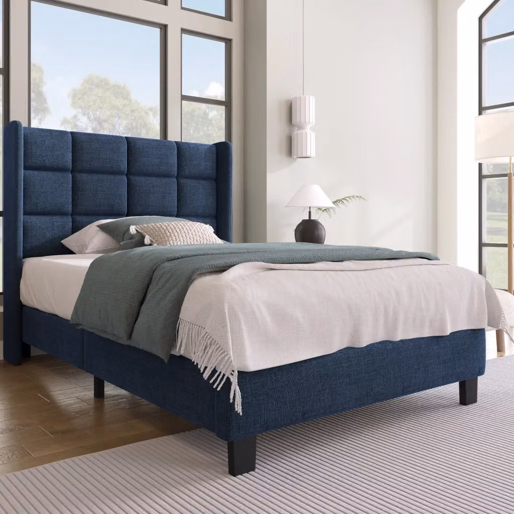 Letto singolo OKWISH con testiera imbottita, struttura in acciaio e doghe in legno, lino blu, L/P: 90 x 200 cm – 2