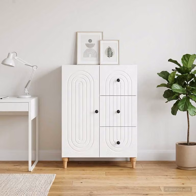 Credenza moderna vidaXL in legno ingegnerizzato e metallo, Bianco, L: 66 cm, P: 34,5 cm, H: 90 cm