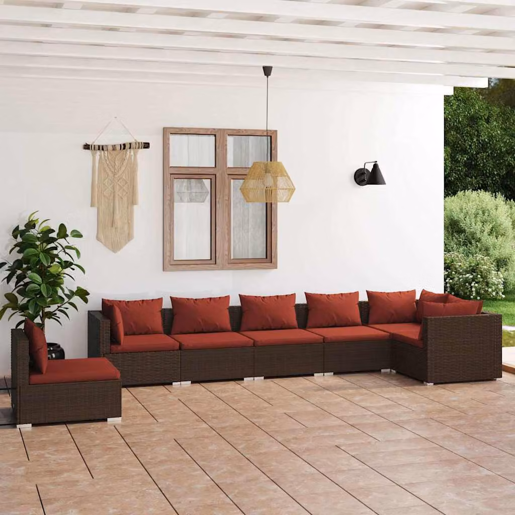 Set di divani da giardino vidaXL in rattan marrone con cuscini e struttura in metallo per esterni