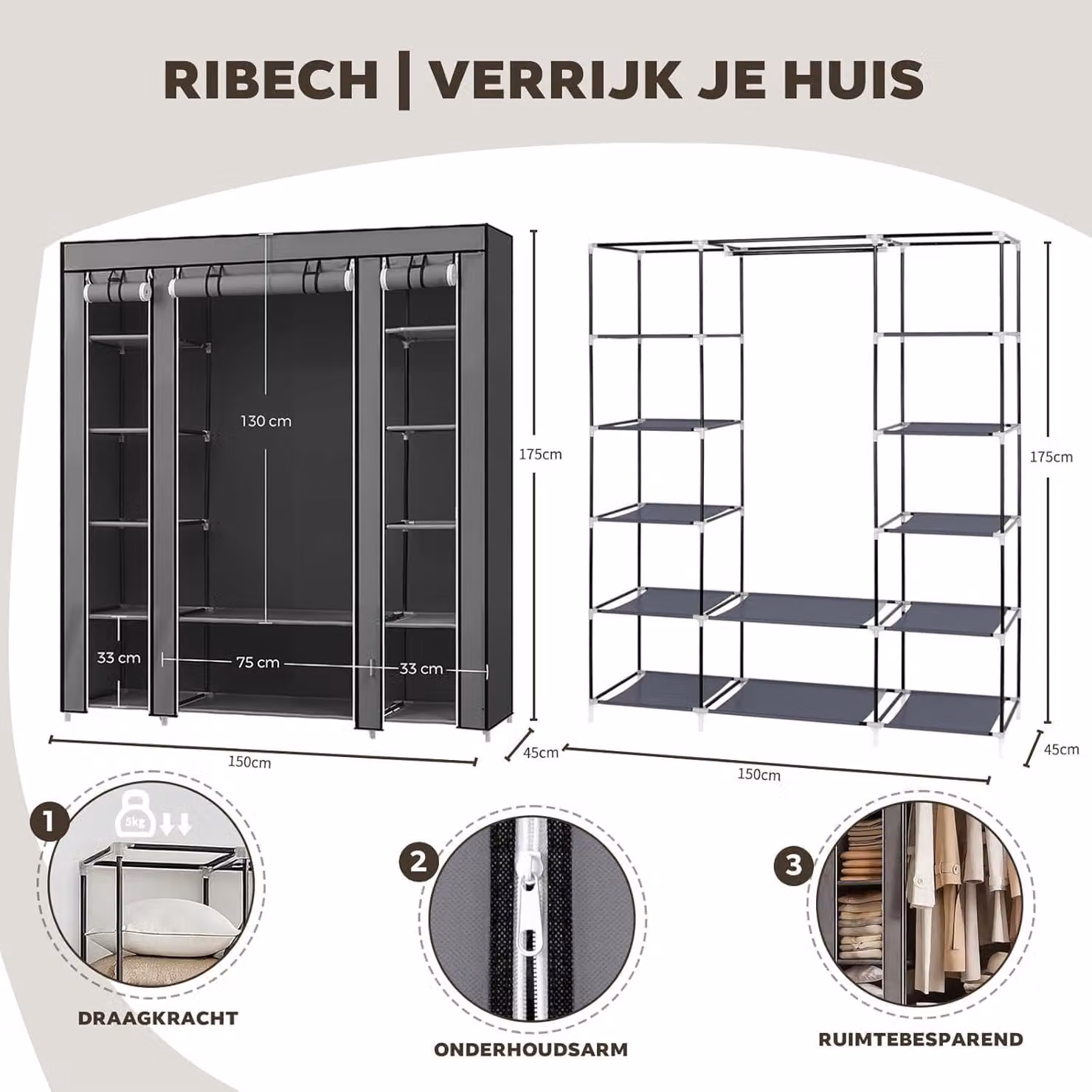 Armadio a colonna, 45 x 150 x 175 cm, grigio, in metallo, per camera da letto