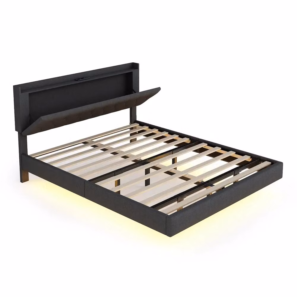 Letto matrimoniale imbottito Minimal grigio con illuminazione LED, porta USB e vani contenitore laterali, L/P/H: 160 x 200 x 42 cm – 2