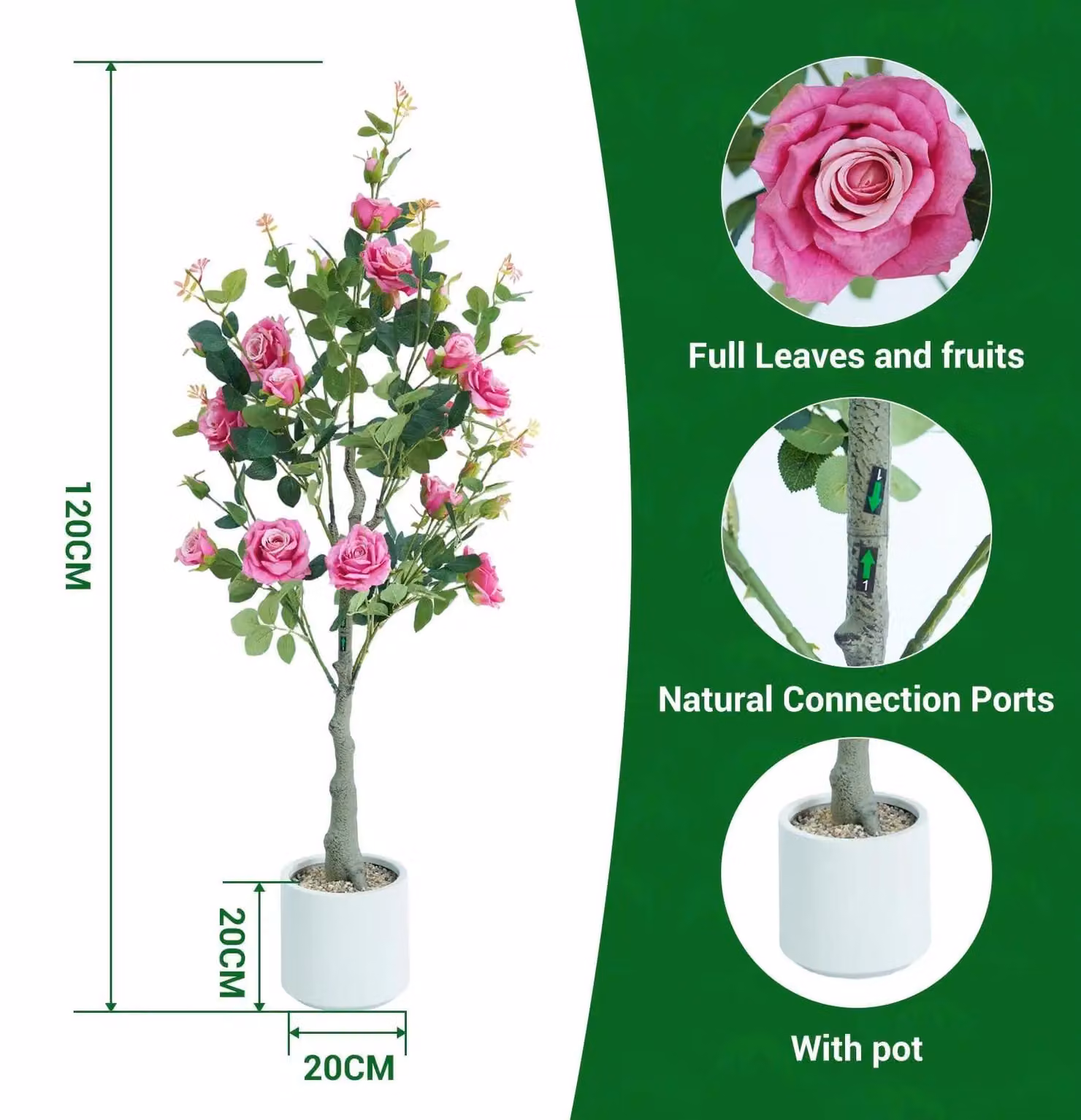 Albero di rose artificiale - Albero decorativo da interno - 122 cm - Materiale in PE - Adatto per ambienti interni - Include vaso - Colore: rosso rosa
