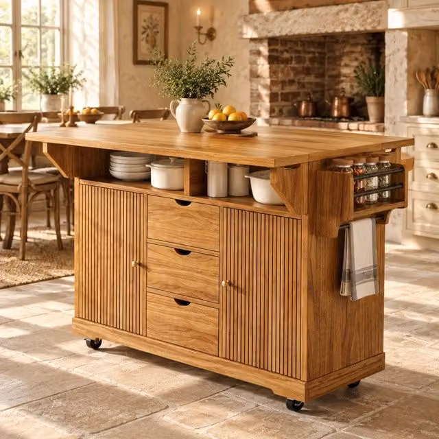 Isola cucina mobile con piani ribaltabili e 3 cassetti marrone