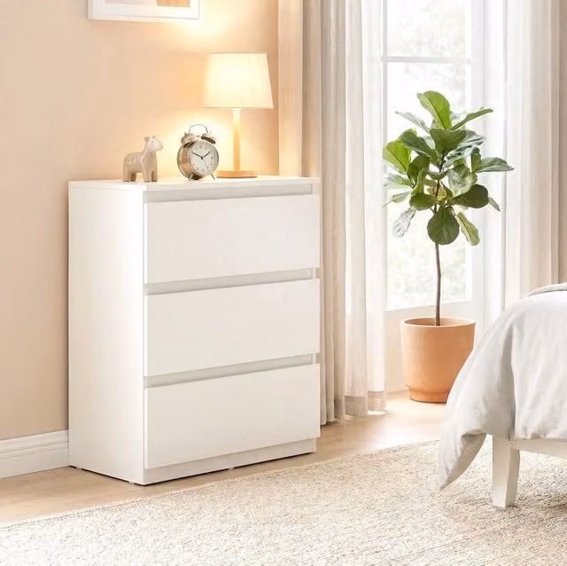 Cassettiera ULEVR 55x34x75 cm con 3 cassetti senza maniglie, pannello truciolare bianco