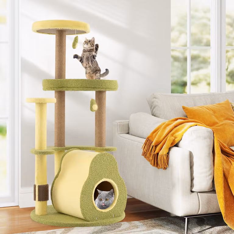 Albero per gatti Costway a forma di avocado verde con condominio e giochi integrati in MDF e tessuto