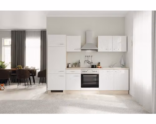 Mobile cucina con elettrodomestici Flex Well Valero 270 cm colore frontale bianco lucido colore mobile rovere sonoma