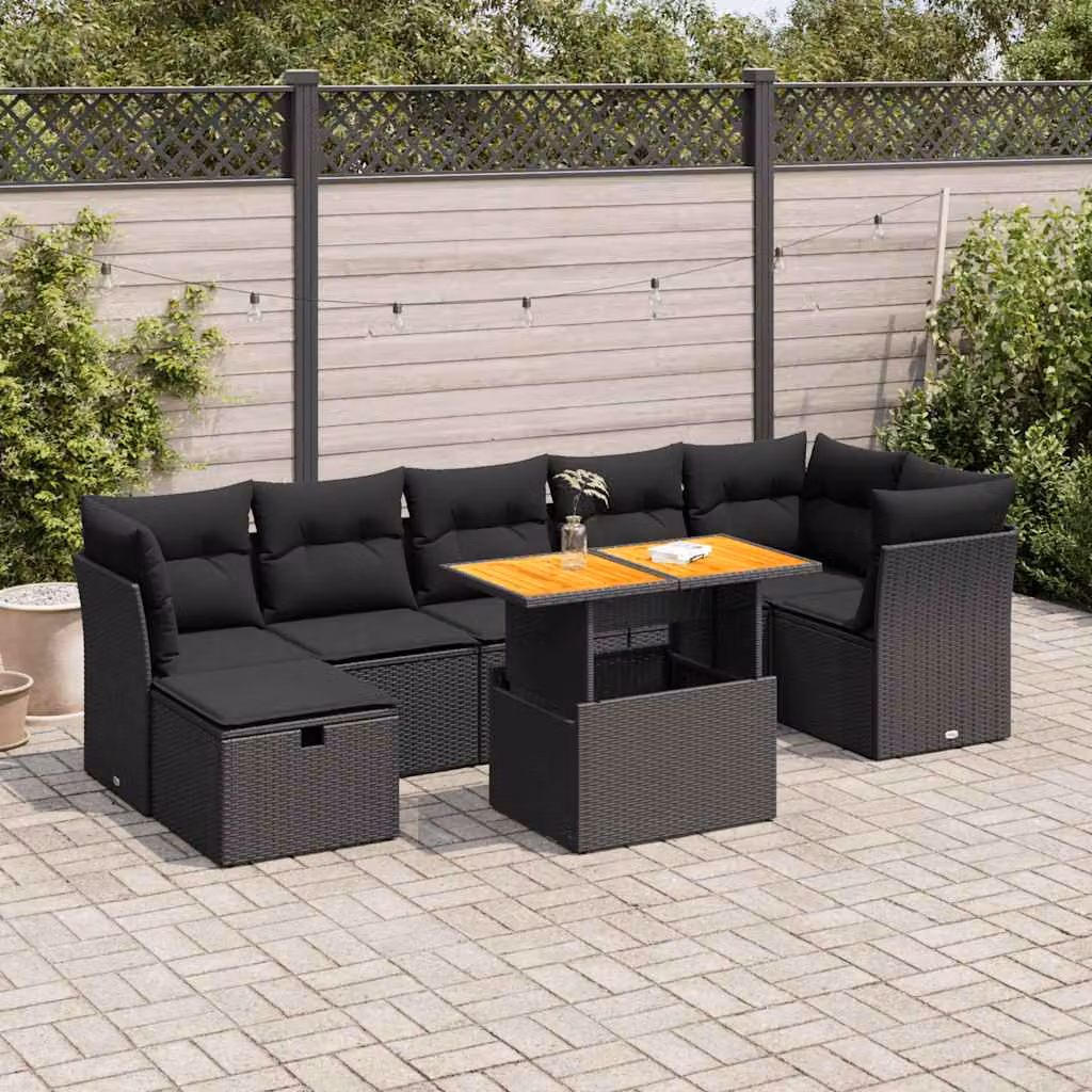 Set di divani da giardino vidaXL in polyrattan nero con cuscini e tavolino da esterno 8 pz