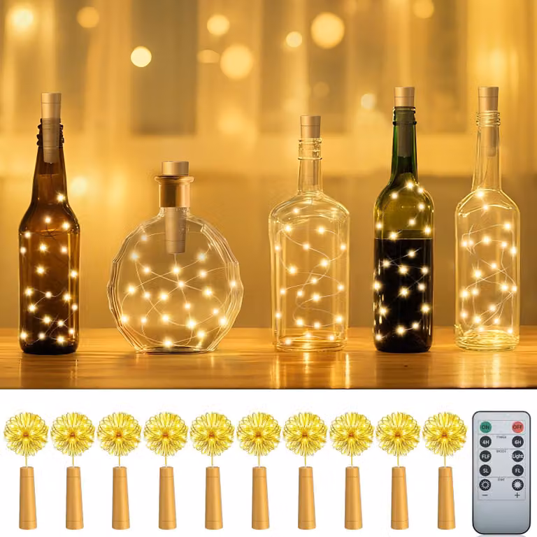 Catena luminosa per bottiglie di vino con tappi, 10 pezzi, 20 LED, 2 metri, con timer